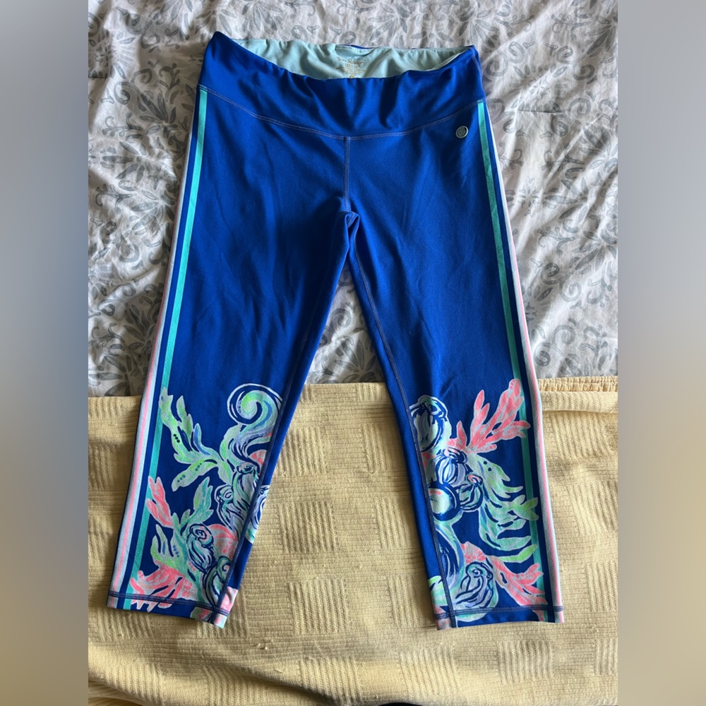 Blue Printed Athletic Leggings with Coral & Mint Floral Accents
